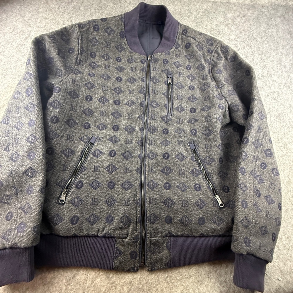 Superdry x Idris Elba Reversible Bomber Jacket Grey Monogram Navy Blue Mens L/XL